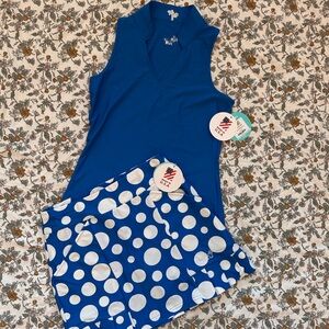 Tzu Tzu Blue and White Polka Dot Golf Top + Skirt NWT